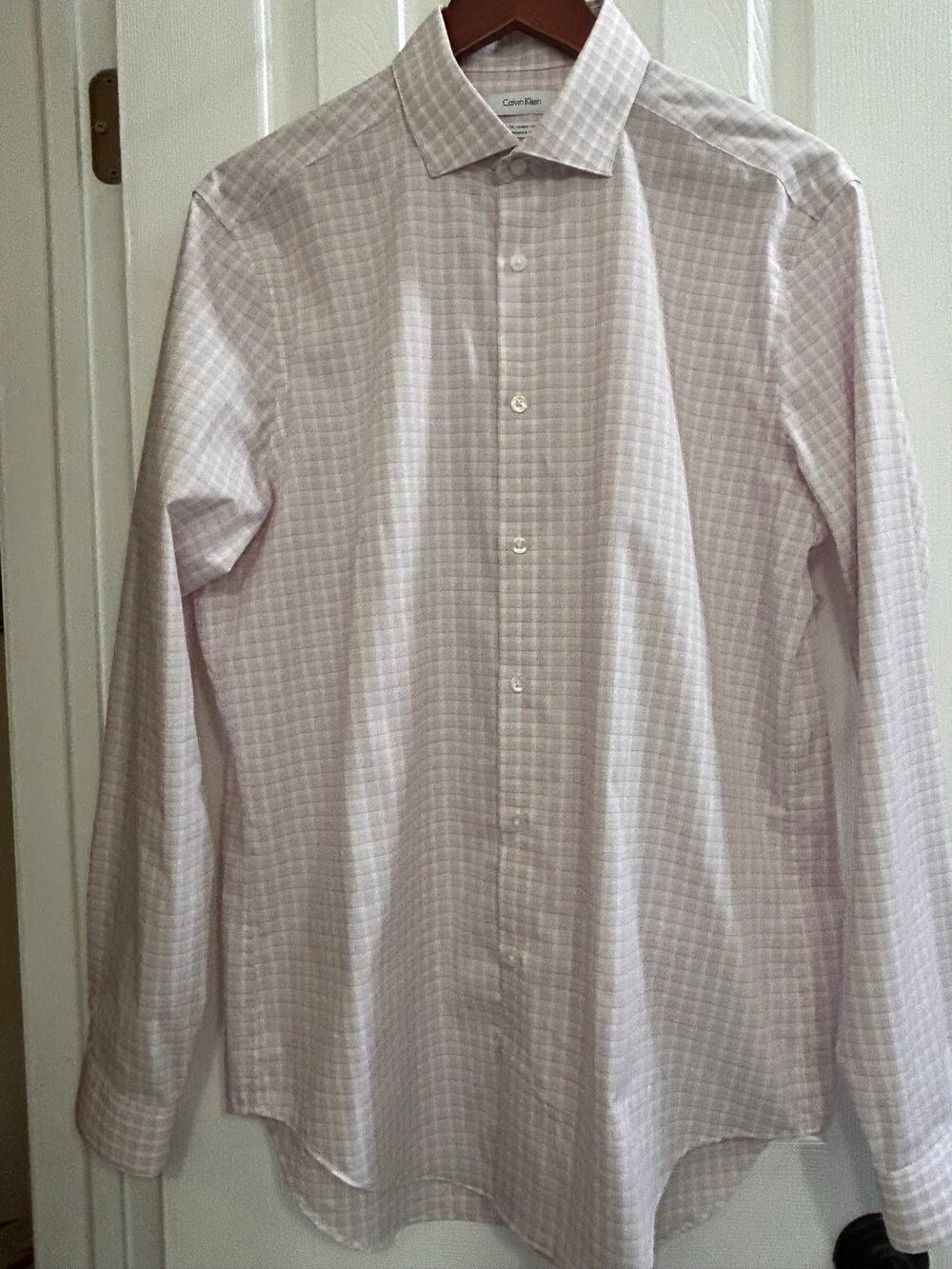 Calvin Klein Mens Dress Shirt 16 34/35 Pink White Check Slim Fit Performance L